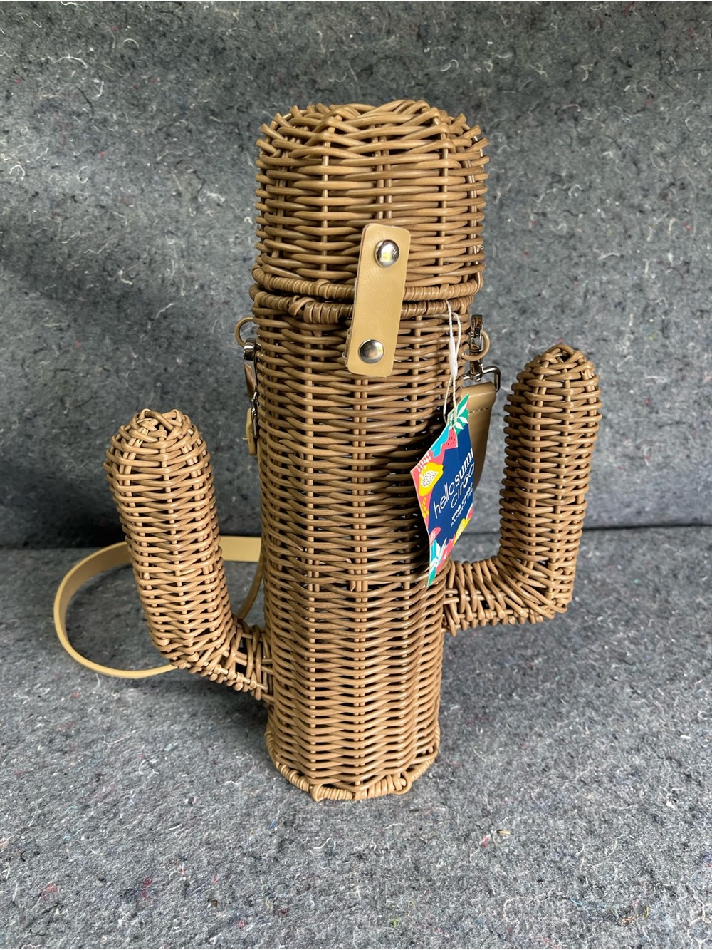 Cello Woven Cactus-Shaped Rattan Crossbody Bag in Tan